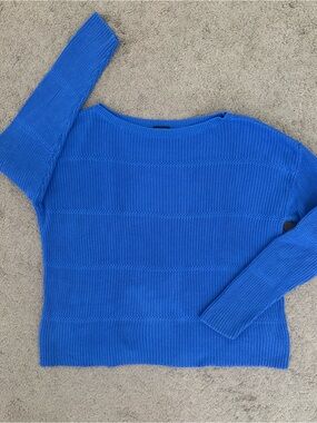 Talbots Bright Blue Ribbed Boat Neck Sweater 100% Pima Cotton Size Large